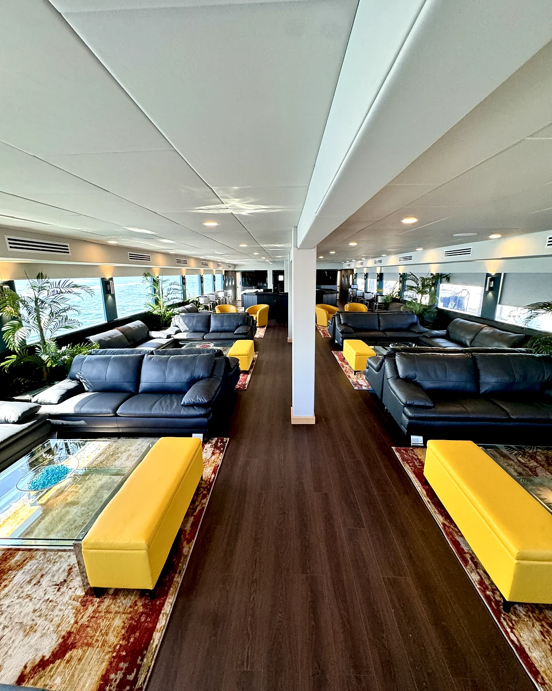 Interior salon walkway aboard Opus Yacht Miami